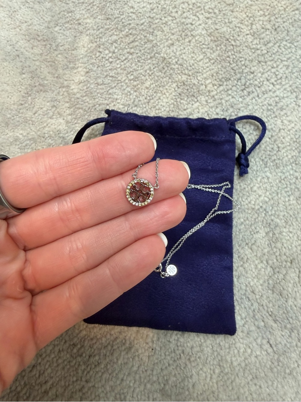 Tory Burch Silver Necklace with Pink Center Crystal and Clear Halo